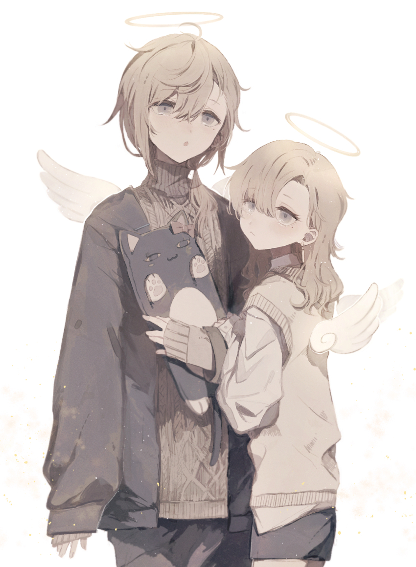 1boy, 1girl, angel, angel_wings, dual_persona, ear_piercing, genderswap, genderswap_(mtf)