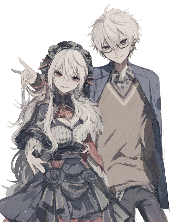 1boy, 1girl, closed_mouth, dual_persona, ear_piercing, genderswap, genderswap_(mtf), jacket, jacket_on_shoulders, kuzuha_(8th_costume)_(nijisanji), kuzuha_(nijisanji), lolita_fashion, long_hair, long_sleeves, mole, mole_under_eye, nijisanji, nora_(misato0301), open_mouth, piercing, pointy_ears, red_eyes, sanya_(1st_costume)_(nijisanji), sanya_(nijisanji), short_hair, smile, virtual_youtuber, white_hair