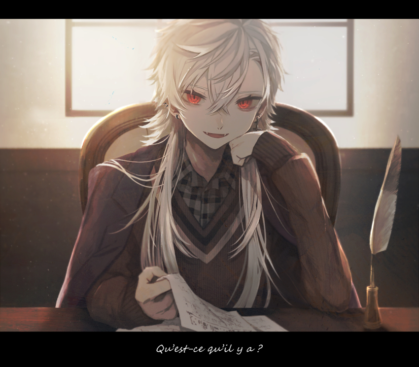 1boy, alternate_hair_length, alternate_hairstyle, black_jacket, brown_sweater, collared_shirt, ear_piercing, fangs