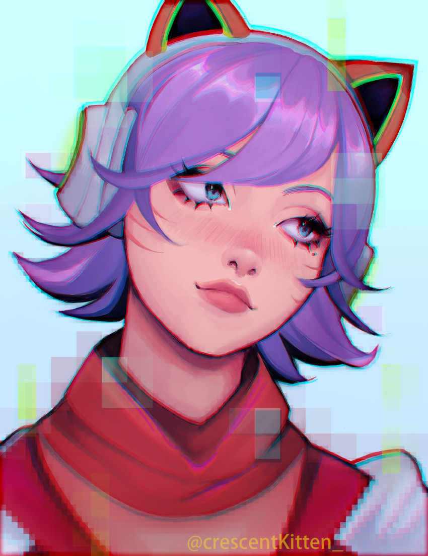 1girl, absurdres, ahri_(league_of_legends), animal_ear_headphones, animal_ears, arcade_ahri, artist_name, blush, cat_ear_headphones, cat_ears, closed_mouth, crescentkitten, fake_animal_ears, green_eyes, headphones, highres, league_of_legends, mole, mole_under_eye, multicolored_background, portrait, purple_hair, short_hair, sideways_glance, smile, solo, white_background