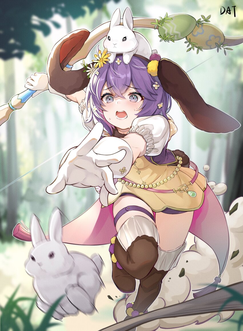 1girl, absurdres, animal_ears, bernadetta_von_varley, bernadetta_von_varley_(spring), boots, bow_(weapon), brown_boots, commentary, da-cart, dress, fake_animal_ears, fire_emblem, fire_emblem:_three_houses, fire_emblem_heroes, foreshortening, gloves, grey_eyes, highres, holding, holding_bow_(weapon), holding_weapon, nintendo, official_alternate_costume, purple_hair, rabbit, rabbit_ears, short_dress, short_hair, solo, thigh_boots, weapon, white_gloves, yellow_dress