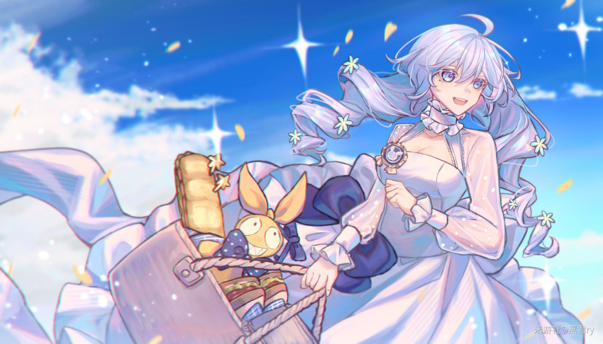 1girl, :d, ahoge, basket, blue_eyes, blue_sky, breasts, cleavage