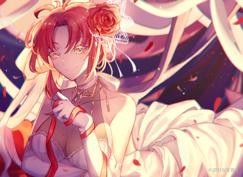 1girl, bare_shoulders, breasts, cleavage, collarbone, dress, elbow_gloves, flower