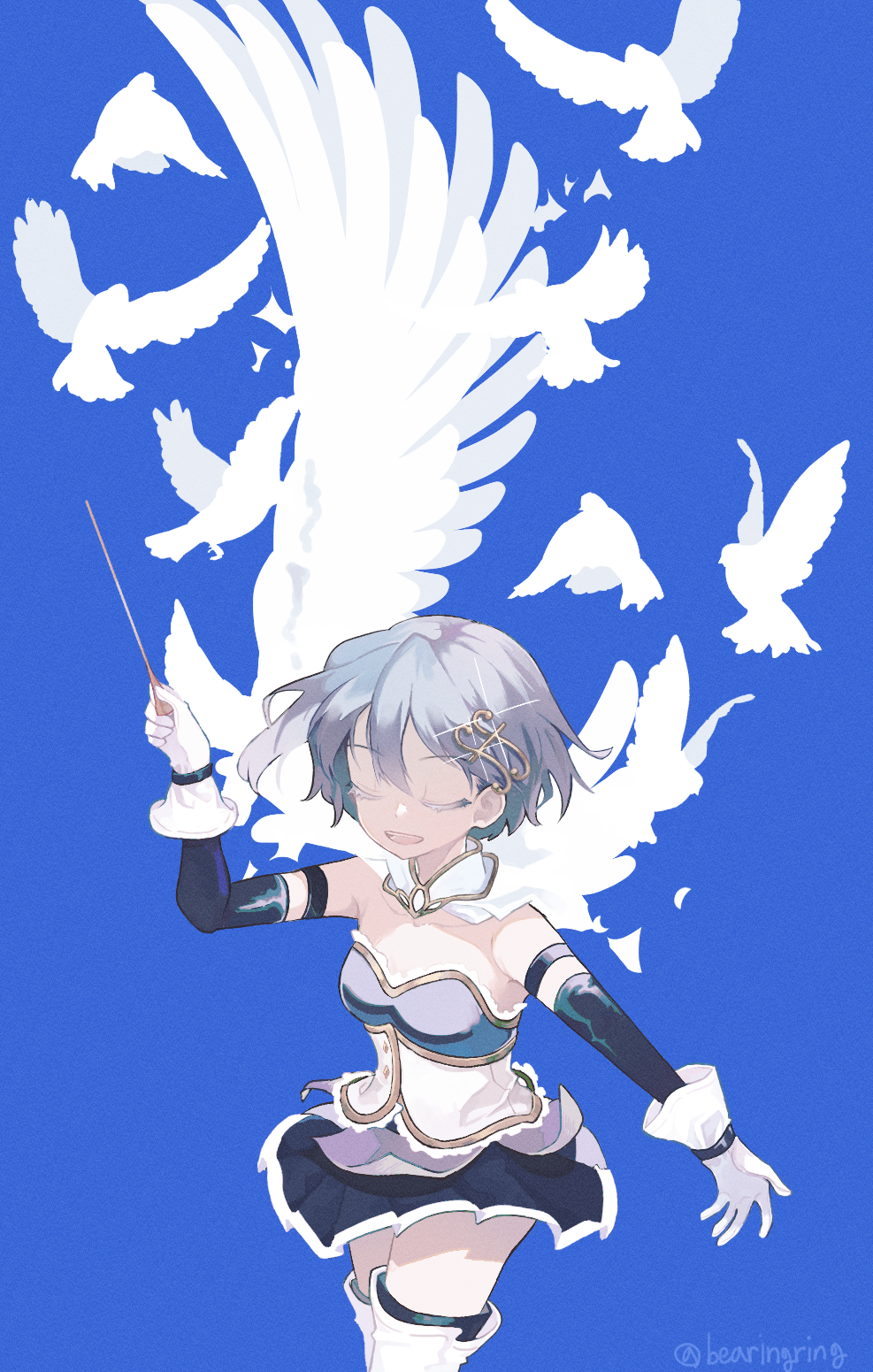 1girl, armor, artist_name, bearingring, bird, blue_background, blue_hair, blue_skirt, breastplate, cape, closed_eyes, conductor_baton, cowboy_shot, detached_collar, detached_sleeves, dove, feathered_wings, fortissimo, gloves, hair_ornament, hand_up, highres, holding, kneehighs, magical_girl, mahou_shoujo_madoka_magica, mahou_shoujo_madoka_magica_(anime), miki_sayaka, miki_sayaka_(magical_girl), musical_note, musical_note_hair_ornament, open_mouth, pleated_skirt, short_hair, simple_background, skirt, socks, solo, white_cape, white_gloves, wings