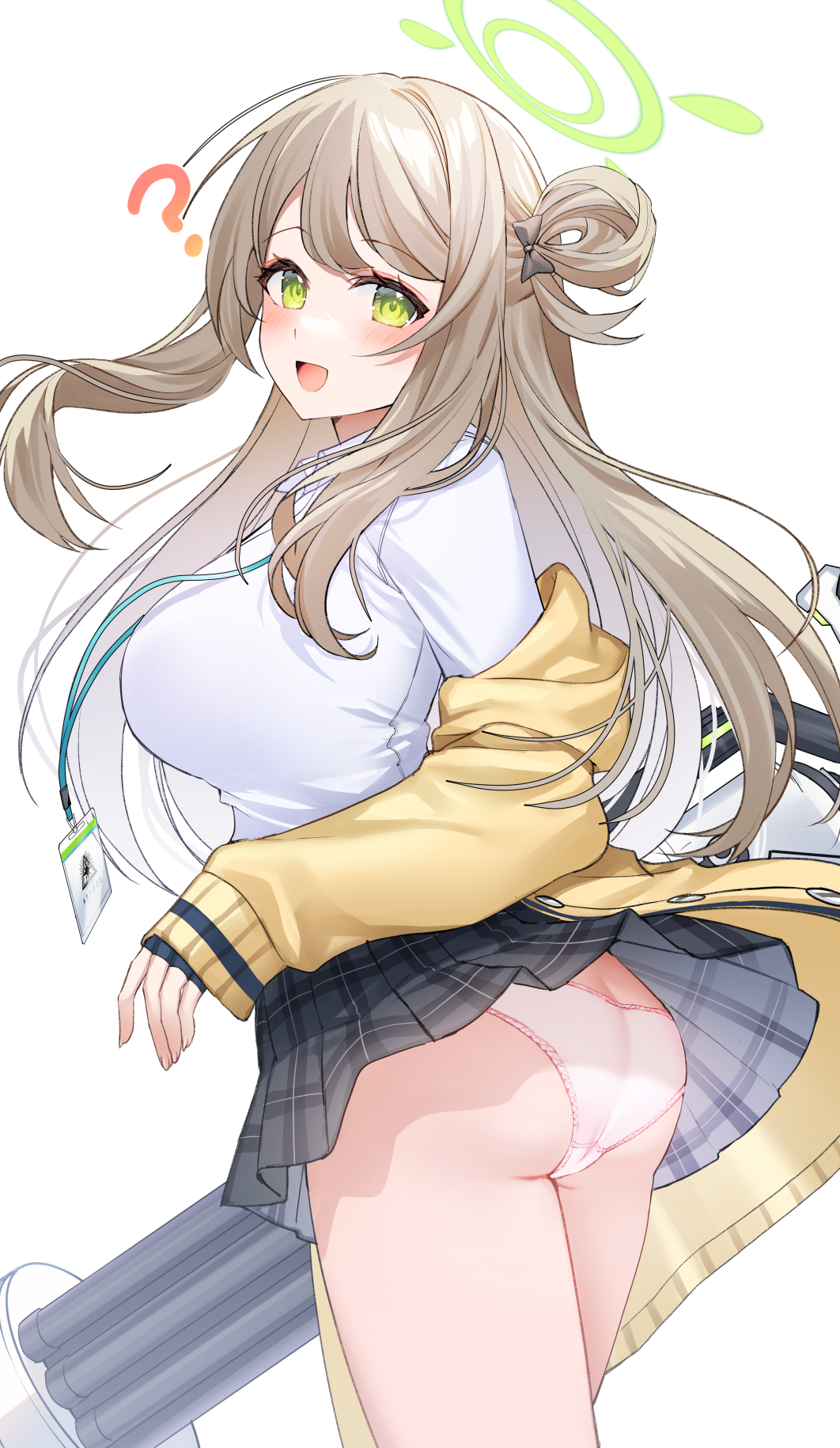 1girl, ?, blue_archive, blush, breasts, brown_hair, collared_shirt, green_eyes