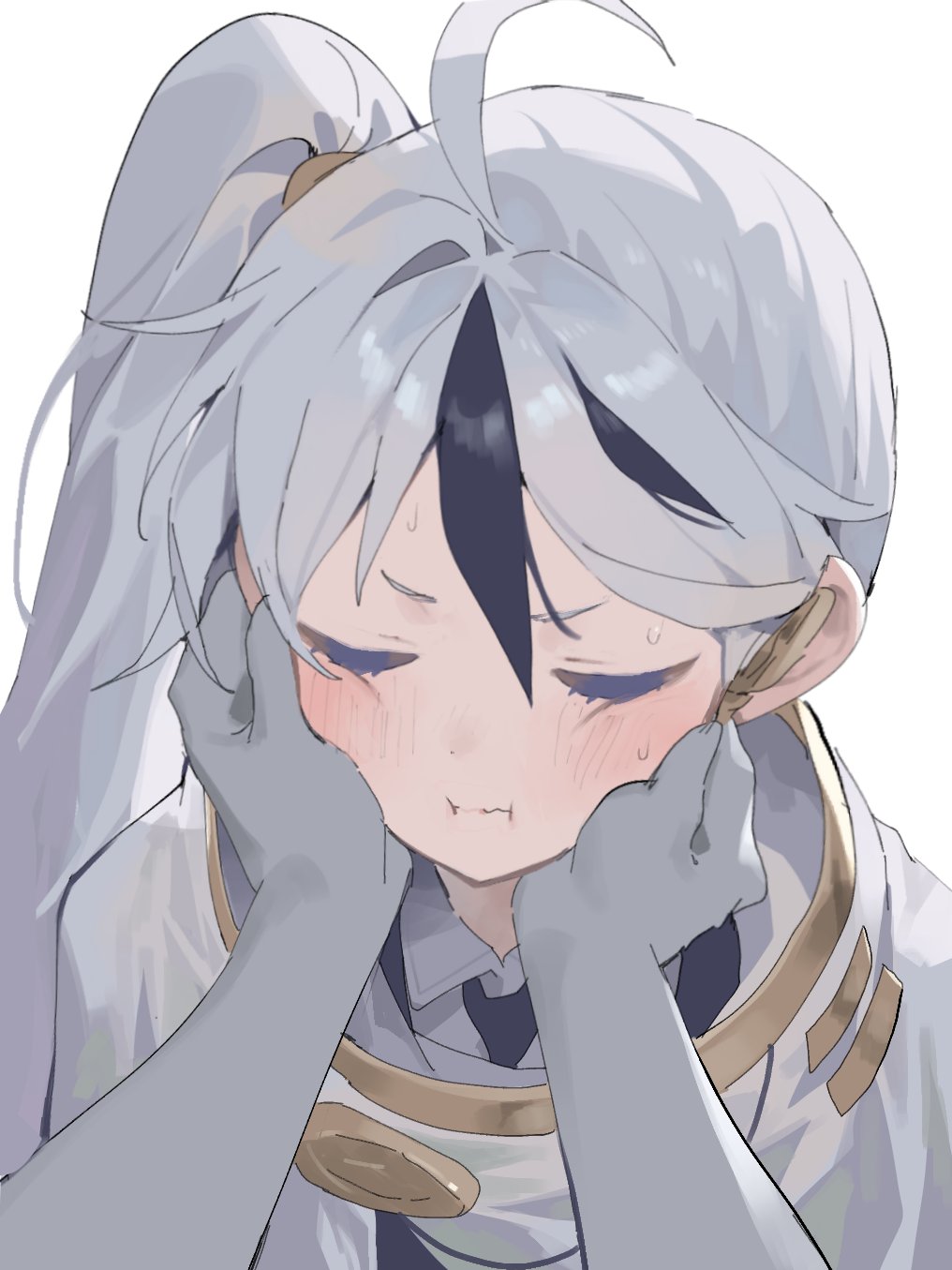 1boy, ahoge, black_hair, black_jacket, black_necktie, cheek_press, cloak, closed_eyes