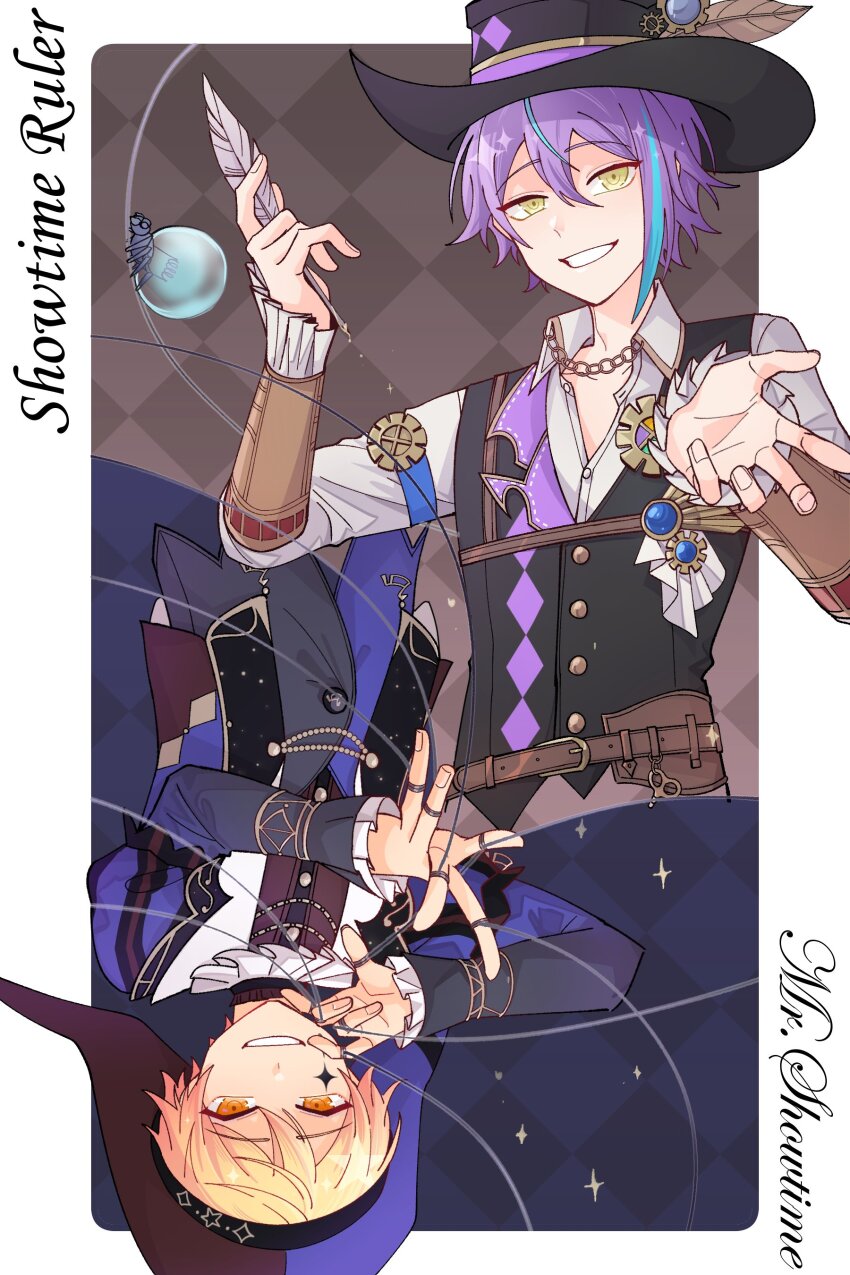 2boys, absurdres, blonde_hair, blue_hair, border, collared_shirt, commentary, formal_clothes