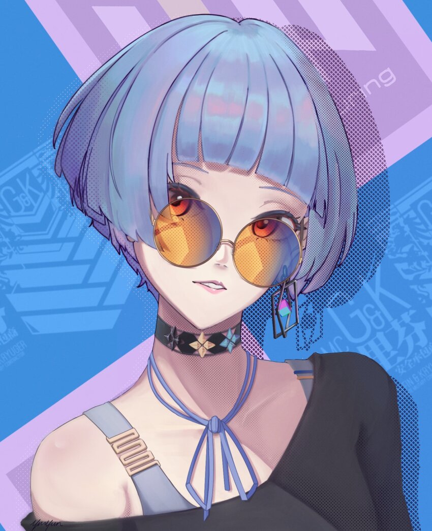 1girl, black_shirt, blue_hair, choker, commentary, earrings, english_commentary, girls'_frontline, griffin_&amp;_kryuger_logo, head_tilt, highres, jewelry, looking_at_viewer, orange_eyes, shirt, short_hair, single_earring, solo, tinted_eyewear, upper_body, yellow-tinted_eyewear, yinyun, zas_m21_(girls'_frontline)