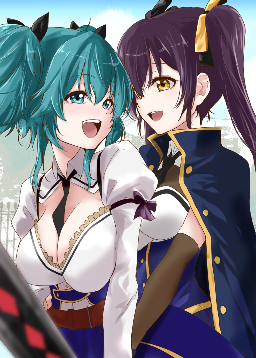 2girls, :d, aqua_eyes, aqua_hair, arms_at_sides, assault_lily, behind_another, belt