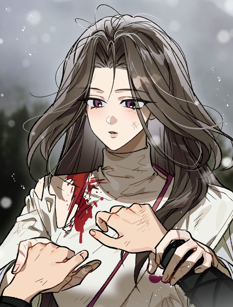 1girl, black_hair, blood, circle, dress, gradient_background, holding_hands, long_hair