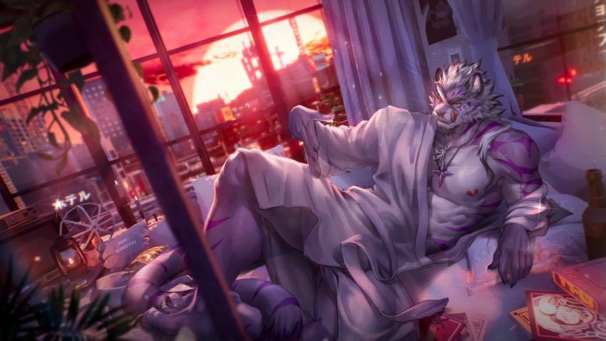 1boy, :q, absurdres, animal_ears, bara, bare_pectorals, bedroom, come_hither