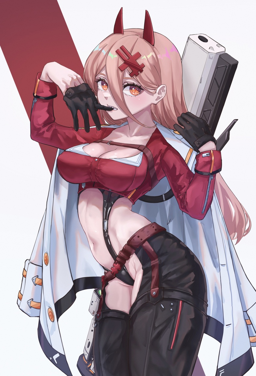 1girl, absurdres, belt, black_gloves, black_leotard, breasts, chainsaw_man, chaps