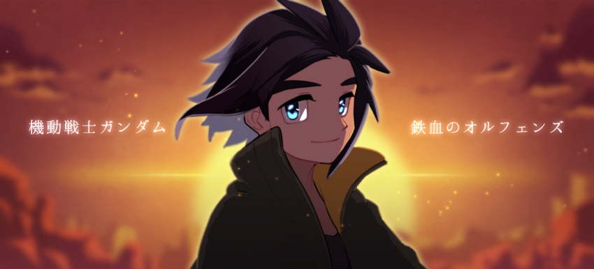 1boy, black_hair, black_jacket, black_shirt, blue_eyes, cloud, gundam, gundam_tekketsu_no_orphans