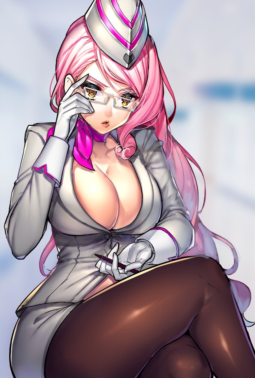 1girl, adjusting_eyewear, breasts, brown_pantyhose, buttons, cleavage, collarbone, commentary_request