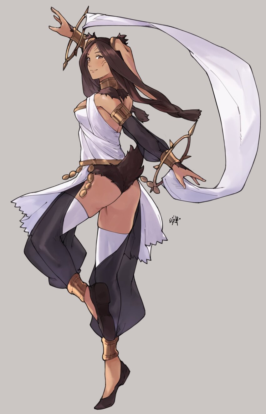 1girl, alternate_costume, animal_ears, ass, black_sleeves, brown_eyes, brown_fur, brown_hair, brown_shoes, closed_mouth, commentary, commission, cosplay, dancer, dancing, dark-skinned_female, dark_skin, detached_sleeves, dress, english_commentary, facial_mark, fire_emblem, fire_emblem_awakening, from_behind, grey_background, highres, long_hair, looking_at_viewer, nintendo, olivia_(fire_emblem), olivia_(fire_emblem)_(cosplay), panne_(fire_emblem), rabbit_ears, rabbit_girl, rabbit_tail, sakuremi, see-through_clothes, shoes, signature, simple_background, smile, solo, taguel, tail, white_dress