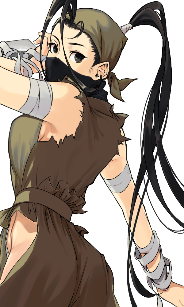 1girl, bandaged_arm, bandages, bare_shoulders, belt, black_eyes, black_hair, black_mask