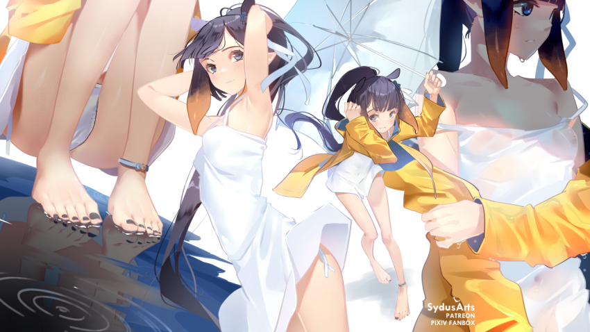 1girl, anklet, armpits, barefoot, blue_eyes, blunt_bangs, blush, breasts, dress, feet, gradient_hair, halo, hololive, hololive_english, jewelry, legs, long_hair, looking_at_viewer, mole, mole_under_eye, multicolored_hair, nail_polish, ninomae_ina'nis, off-shoulder_dress, off_shoulder, open_mouth, orange_hair, panties, pointy_ears, purple_hair, raincoat, sidelocks, small_breasts, solo, sydus, tentacle_hair, toenail_polish, toenails, toes, umbrella, underwear, very_long_hair, violet_(ninomae_ina'nis), virtual_youtuber, water, white_panties, yellow_raincoat