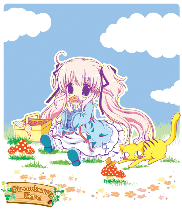 1girl, :d, ahoge, animal, apple, basket, blue_eyes, blue_footwear
