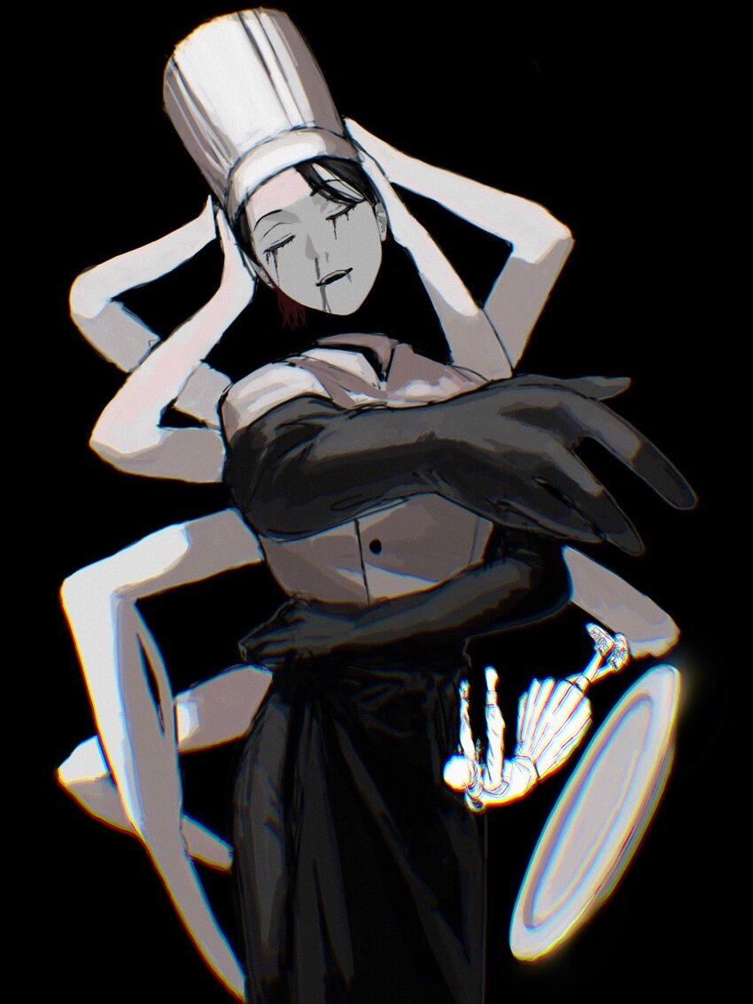 2girls, apron, arthropod_limbs, black_background, black_blood, black_tears, blood, chainsaw_man