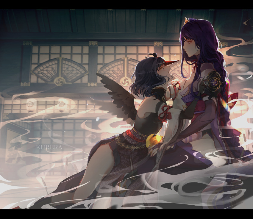 2girls, absurdres, armor, artkurera, bird_mask, black_bodysuit, black_hair, bodysuit, braid, bridal_gauntlets, closed_eyes, crying, feathered_wings, from_side, genshin_impact, hair_ornament, highres, indoors, japanese_clothes, kimono, kujou_sara, long_hair, low-braided_long_hair, low-tied_long_hair, mask, mask_on_head, multiple_girls, obi, obijime, open_mouth, purple_eyes, purple_hair, purple_kimono, raiden_shogun, sash, short_hair, shoulder_armor, tassel, tears, wings