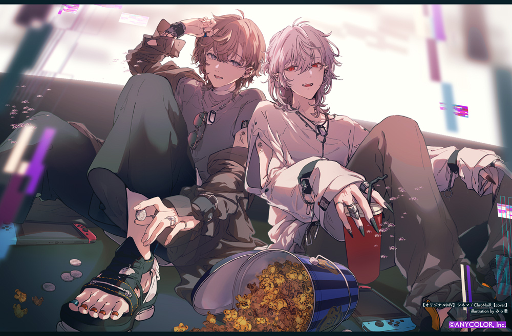 2boys, aqua_eyes, black_nails, black_pants, blue_nails, brown_cardigan, brown_pants, cardigan