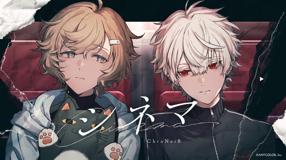 2boys, aqua_eyes, black_jacket, black_sweater, blue_hoodie, cinema_(vocaloid), closed_mouth, ear_piercing