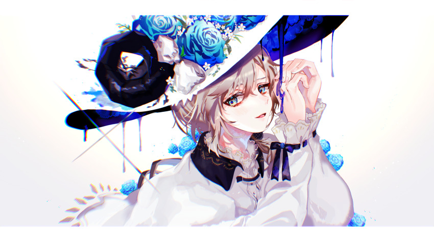 1boy, absurdres, blending, blue_eyes, blue_flower, blue_rose, flower, hat, highres, hutondeoyasumi, jacket, kanae_(nijisanji), light_brown_hair, long_sleeves, looking_at_viewer, low_ponytail, male_focus, medium_hair, mole, mole_under_eye, nijisanji, open_mouth, own_hands_together, ponytail, rose, smile, solo, virtual_youtuber, white_background, white_hat, white_jacket