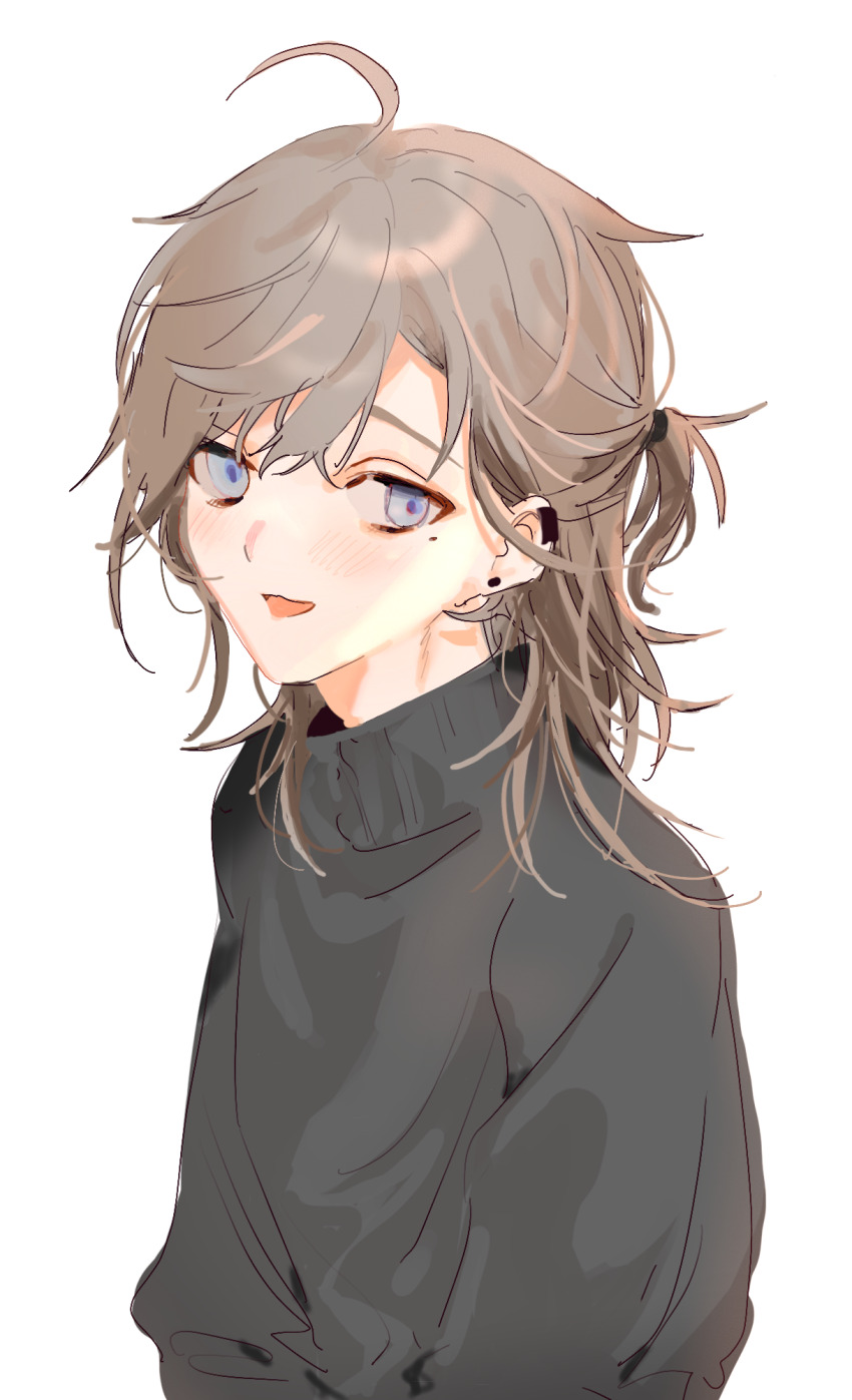 1boy, ahoge, black_sweater, brown_hair, ear_piercing, grey_eyes, half_updo, highres