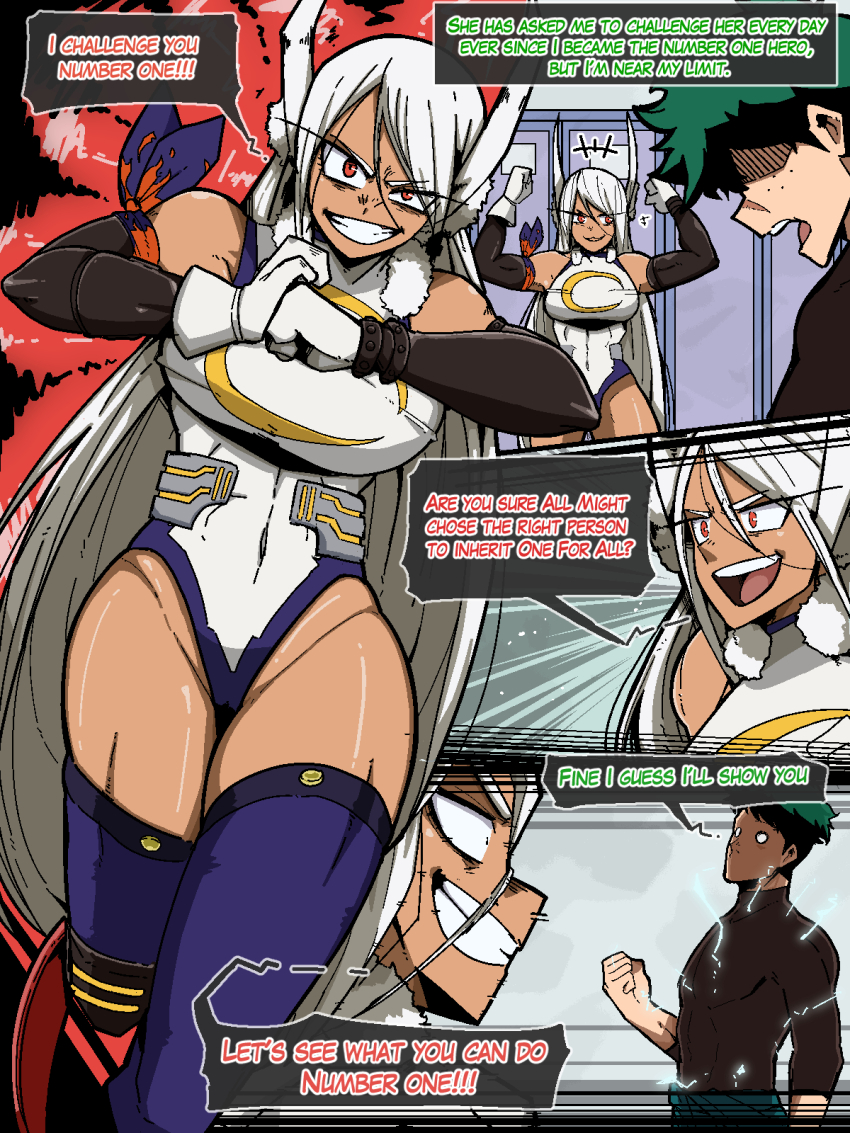 1boy, 1girl, animal_ears, bare_shoulders, black_shirt, boku_no_hero_academia, breasts, crazy_grin, dark-skinned_female, dark_skin, english_text, flexing, green_hair, grin, highres, large_breasts, leotard, long_hair, mark_gavatino, midoriya_izuku, mirko, open_mouth, purple_thighhighs, rabbit_ears, red_eyes, shirt, smile, speech_bubble, thighhighs, uneven_eyes, walking, white_hair, white_leotard