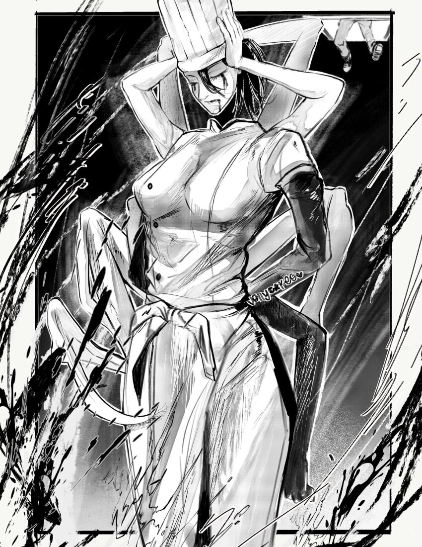 1girl, apron, arms_behind_back, arthropod_limbs, artist_name, black_blood, black_hair, black_tears