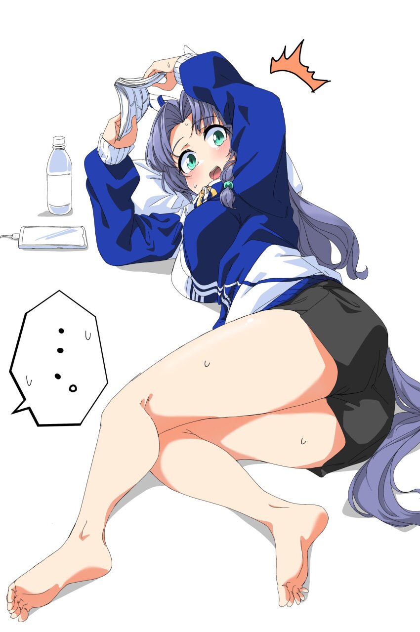 ..., 1girl, animal_ears, aqua_eyes, barefoot, black_shorts, blue_hair, blue_jacket