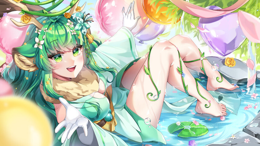 1girl, \||/, animal_ear_fluff, animal_ears, antler_ornament, antlers, balloon, barefoot