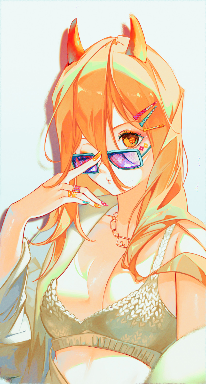 1girl, bandaged_fingers, bandages, chain, chain_necklace, chainsaw_man, cross-shaped_pupils, eyeliner