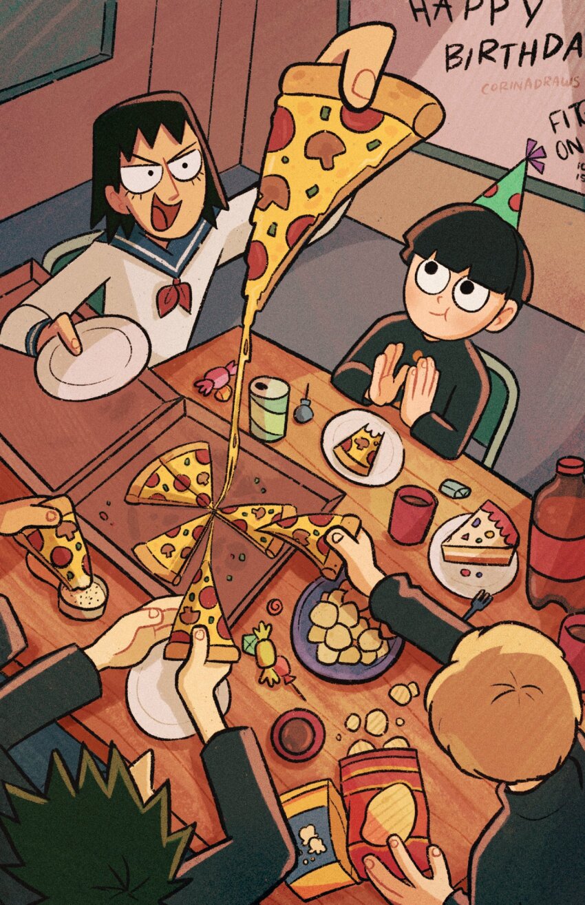 1girl, 4boys, artist_name, black_eyes, black_hair, bottle, bowl_cut, cake