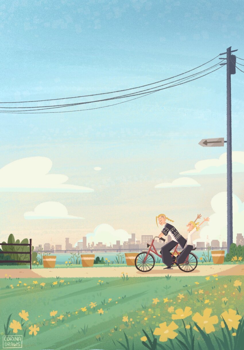 1boy, 1girl, bicycle, black_pants, blonde_hair, braid, cartoonized, city
