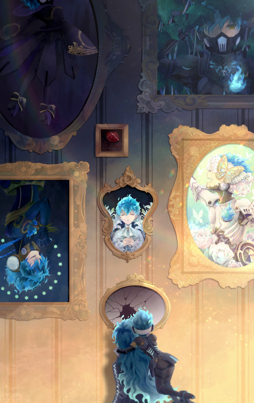 2boys, absurdres, behind-the-head_headphones, blue_fire, blue_hair, blue_jacket, broken_glass, brothers