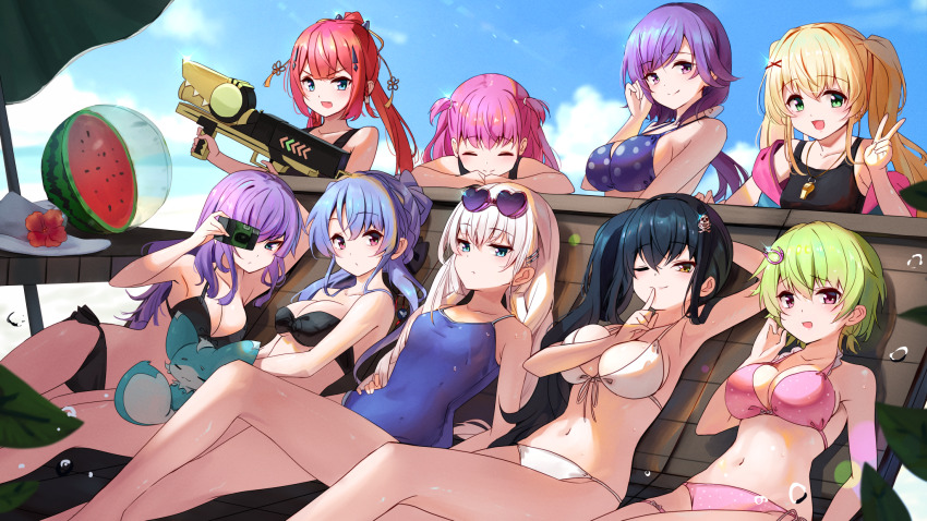6+girls, bandeau, beach, beach_umbrella, bikini, black_bikini, blonde_hair, blue_eyes