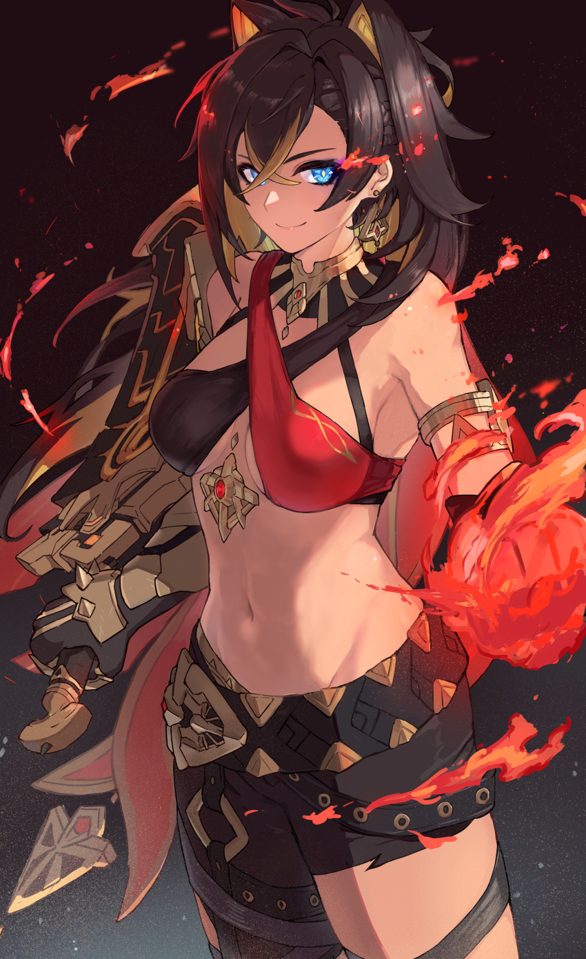 1girl, absurdres, arm_armor, armlet, asymmetrical_clothes, bare_shoulders, beacon_of_the_reed_sea_(genshin_impact), belt