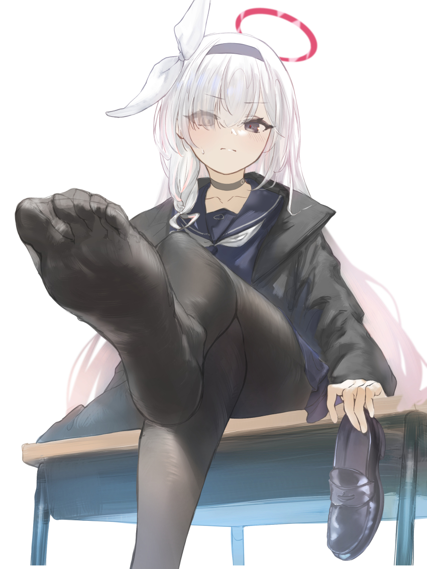1girl, absurdres, black_pantyhose, black_shoes, blue_archive, crossed_legs, desk, feet