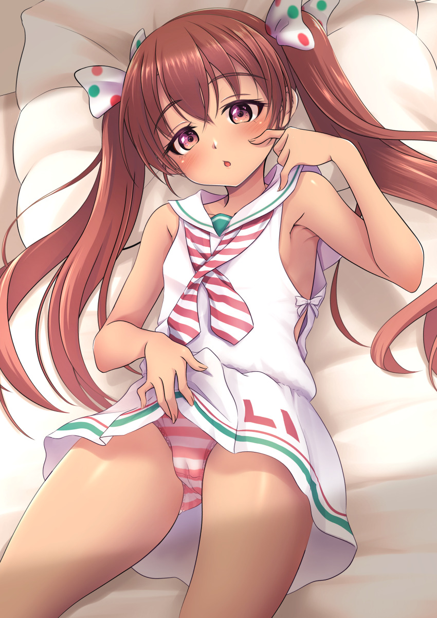 1girl, absurdres, bed_sheet, blush, bow, brown_eyes, brown_hair, cameltoe