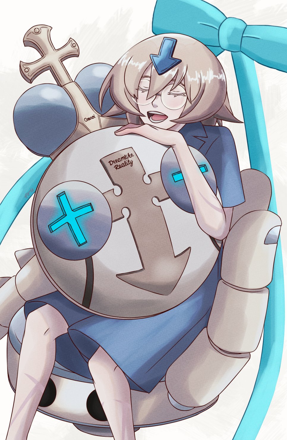 1boy, alternate_color, aquam0n1ca, arrow_(symbol), bedman, blue_shirt, grey_hair, guilty_gear