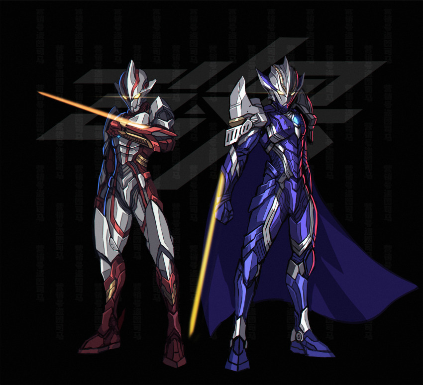 2boys, 3ok, alternate_universe, arm_blade, armor, blue_armor, boots, color_timer, dorsal_fin, energy, energy_sword, energy_weapon, glowing, glowing_eyes, highres, knight_beam_blade, mebium_blade, multiple_boys, pauldrons, power_armor, red_armor, shoulder_armor, standing, sword, ultra_series, ultraman_(hero's_comics), ultraman_hikari, ultraman_mebius, ultraman_mebius_(series), weapon, wrist_blades, yellow_eyes