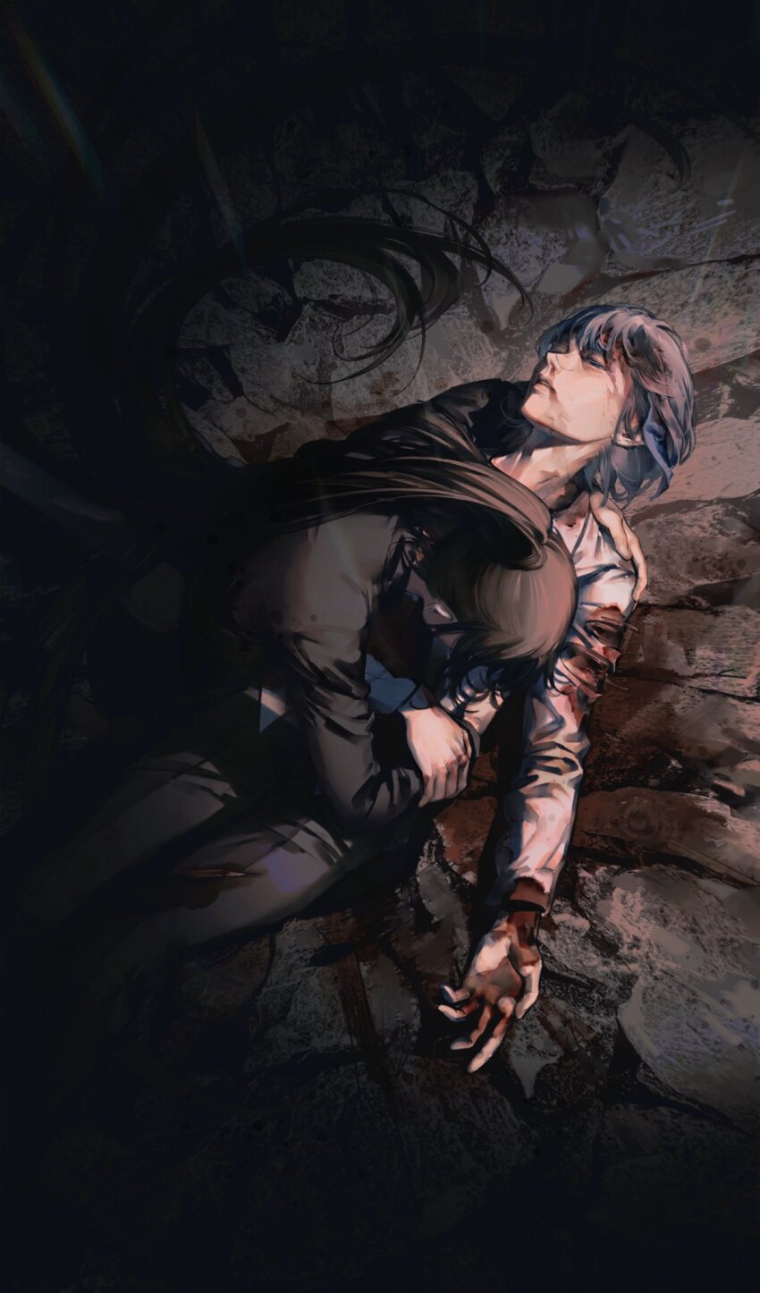 2boys, black_pants, blood, blue_hair, death, hair_between_eyes, hand_on_another's_hand, hand_on_another's_shoulder