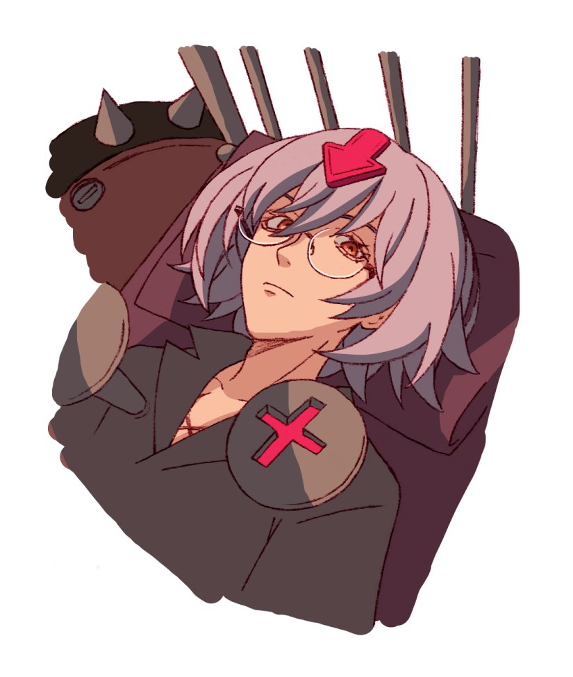 1boy, aquam0n1ca, arrow_(symbol), bedman, guilty_gear, guilty_gear_xrd, light_purple_hair, looking_at_viewer