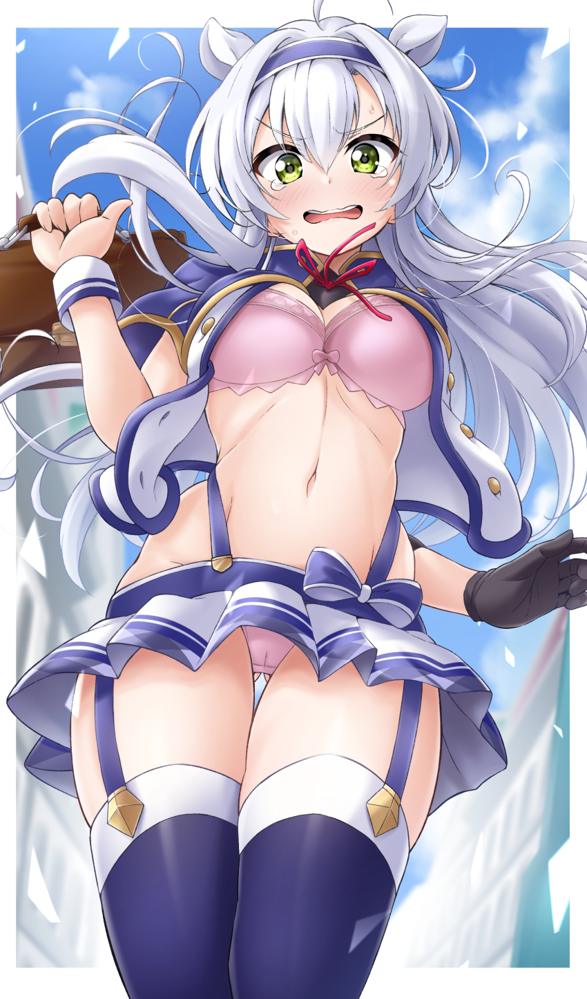 1girl, absurdres, alzano_school_uniform, asymmetrical_gloves, bag, blue_capelet, blue_hairband, blue_thighhighs