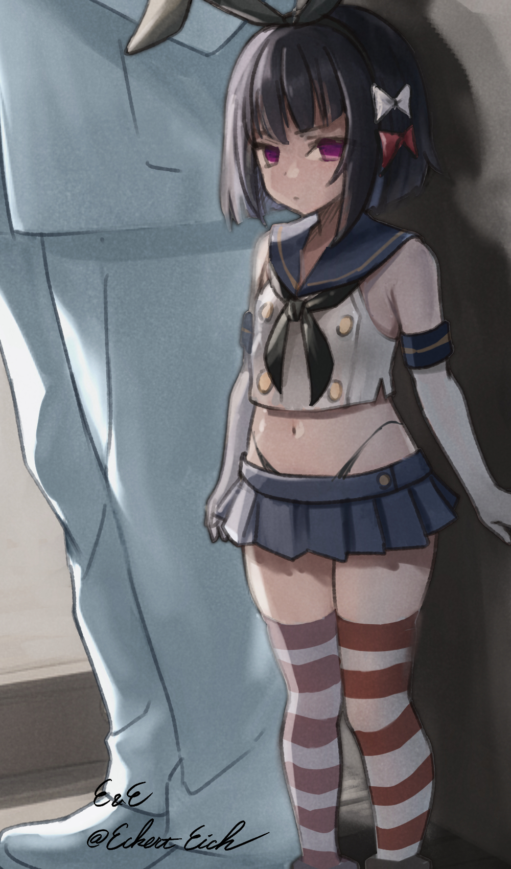 admiral_(kancolle), black_hair, bow, cosplay, eckert&amp;eich, elbow_gloves, gloves, height_difference, highleg, highleg_panties, highres, indoors, ishigaki_(kancolle), kantai_collection, microskirt, navel, panties, purple_eyes, sail, shimakaze_(kancolle), shimakaze_(kancolle)_(cosplay), short_hair, skirt, sleeveless, striped_clothes, striped_thighhighs, thighhighs, twitter_username, underwear