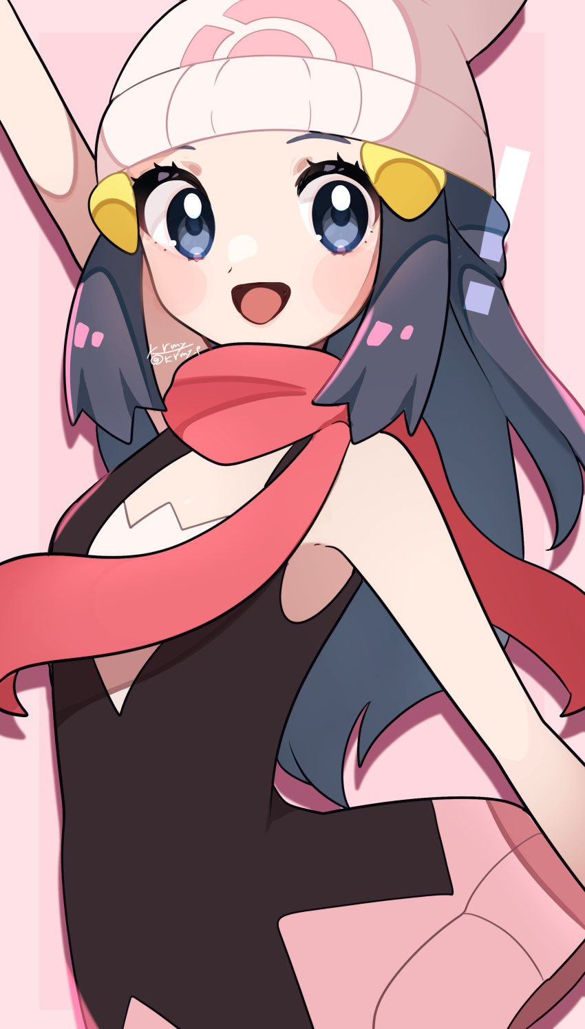 1girl, :d, absurdres, arm_up, bare_arms, beanie, black_hair, black_shirt