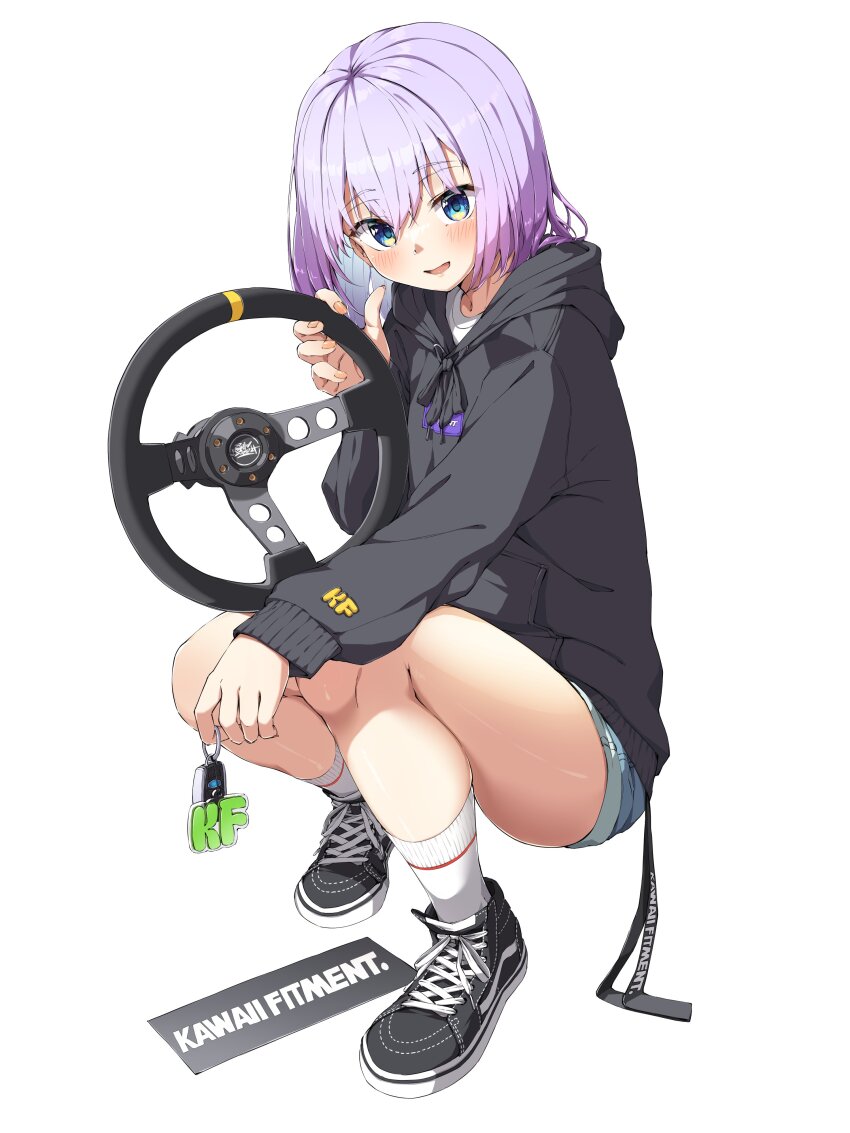 1girl, absurdres, ama_rei, black_hoodie, black_shoes, blue_eyes, blue_shorts, blush, copyright_name, denim, denim_shorts, highres, holding, hood, hoodie, kawaii_fitment, kawaii_fitment-chan, looking_at_viewer, open_mouth, purple_hair, shirt, shoes, short_hair, short_shorts, shorts, smile, sneakers, solo, squatting, steering_wheel, t-shirt, white_background, white_shirt