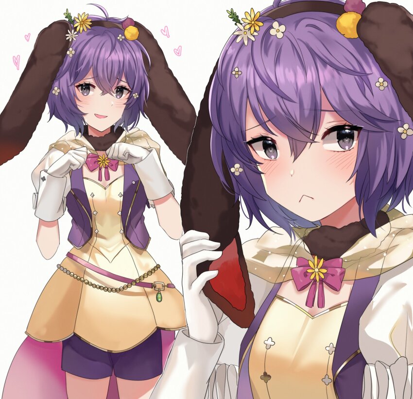 1girl, animal_ears, belt, bernadetta_von_varley, bernadetta_von_varley_(spring), blush, bow, bowtie, brown_hairband, cowboy_shot, dress, fake_animal_ears, fake_tail, fire_emblem, fire_emblem:_three_houses, fire_emblem_heroes, flower, gloves, grey_eyes, hair_between_eyes, hairband, highres, holding_ear, lilshironeko, looking_at_viewer, multiple_views, nintendo, official_alternate_costume, pink_belt, polka_dot, puffy_short_sleeves, puffy_sleeves, purple_bow, purple_bowtie, purple_hair, purple_shorts, rabbit_ears, rabbit_tail, short_hair, short_sleeves, shorts, simple_background, smile, tail, white_background, white_gloves, yellow_dress