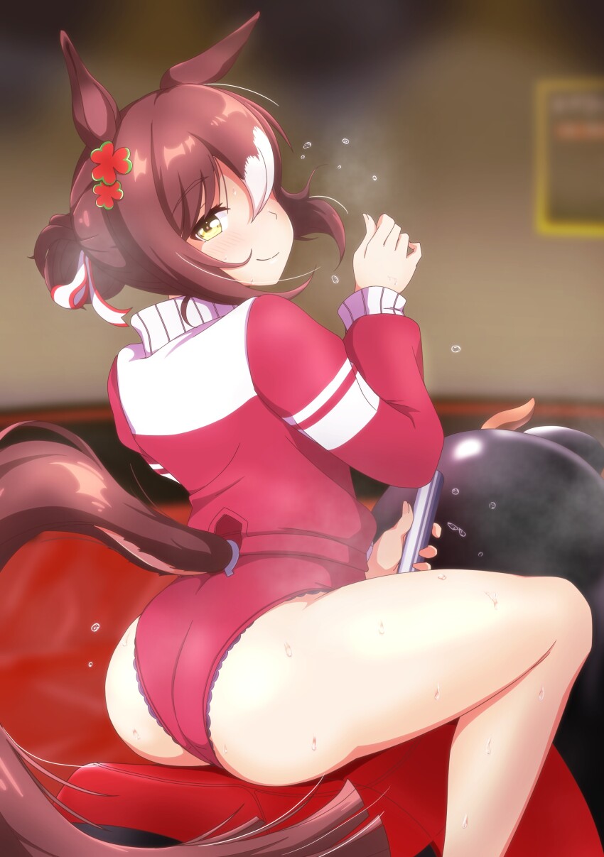 1girl, absurdres, animal_ears, ass, blurry, blurry_background, blush, commentary_request